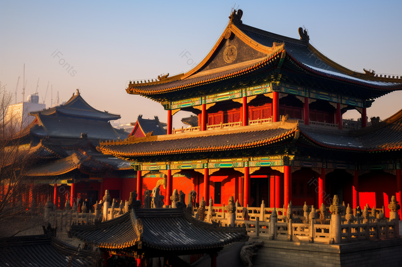 夕阳下的古代青砖琉璃瓦角楼建筑,高清,摄影图,摄影图片,图片大全,摄影图免费下载